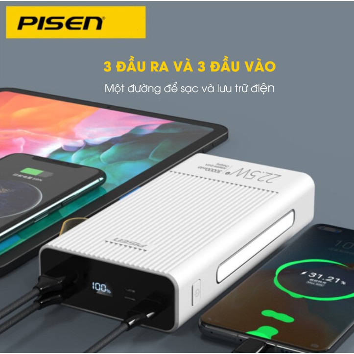 Sạc dự phòng PISEN Pro All 30000mAh, 22.5W - (LS-DY23 ), Trắng - Hàng chính hãng