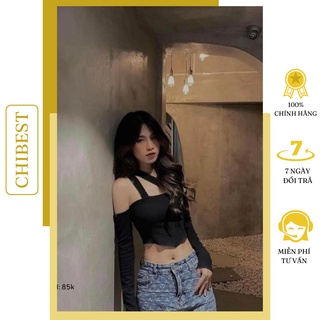 Áo thun kiểu bẹt vai Áo croptop nữ tay dài hở vai dây chéo ngực CHIBEST LAB311