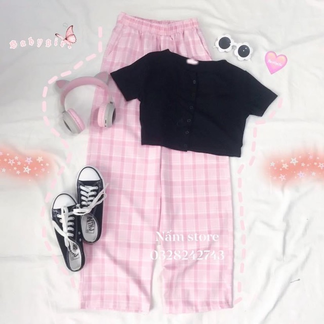 Set áo croptop gài nút + quần caro kẻ sọc ống suông đủ màu / quần plaid pants