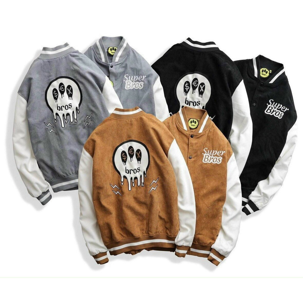 Áo Khoác Bomber Nhung Kaki 2 Lớp Lót Dù Chữ Super Bros Đen , Nâu , Xám - Kiểu Rộng Unisex Nam Nữ Cặp Đôi Mặc