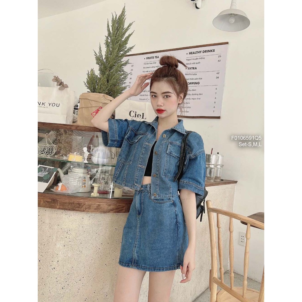 Set bộ 2 món jean áo khoác cổ sơ mi có túi tay ngắn kèm chân váy ngắn có lót quần trong!