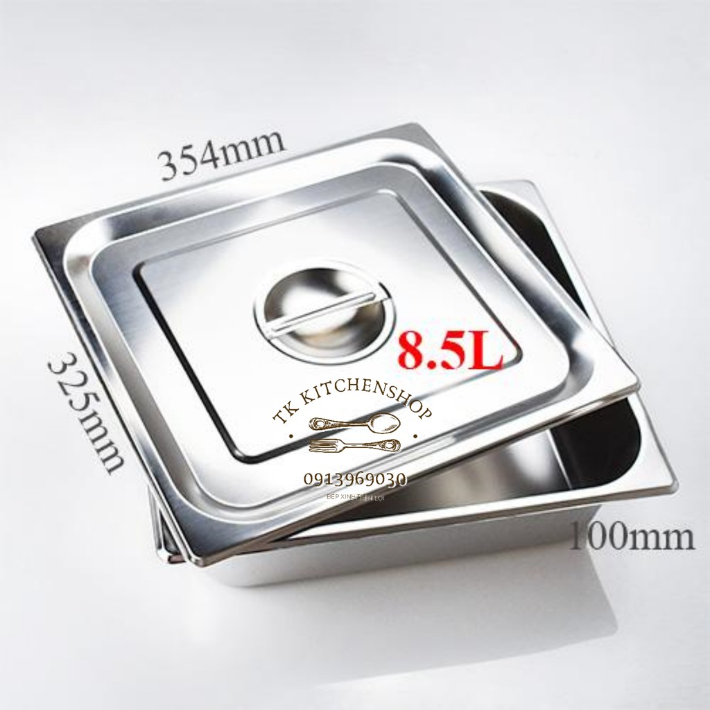 Khay inox đựng thực phẩm có nắp GN 2/3, Khay inox 2/3 kích thước 32,5x35,5cm đựng topping thach, đồ ăn, inox dày loại 1