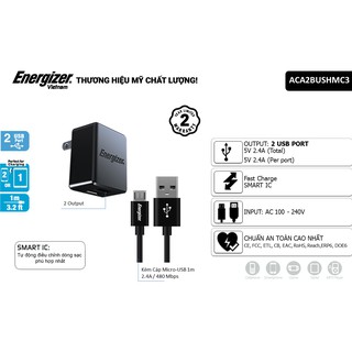 Sạc Energizer 2.4A 2USB kèm cáp MicroUSB - ACA2BEUHMC3