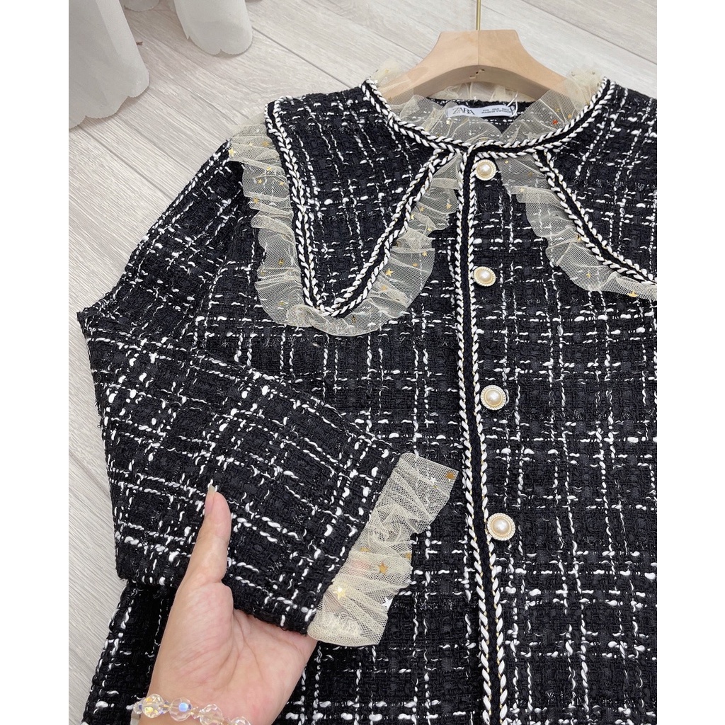 Áo khoác dạ nữ họa tiết caro cổ phối bèo piter sang chảnh Bling Store | BigBuy360 - bigbuy360.vn