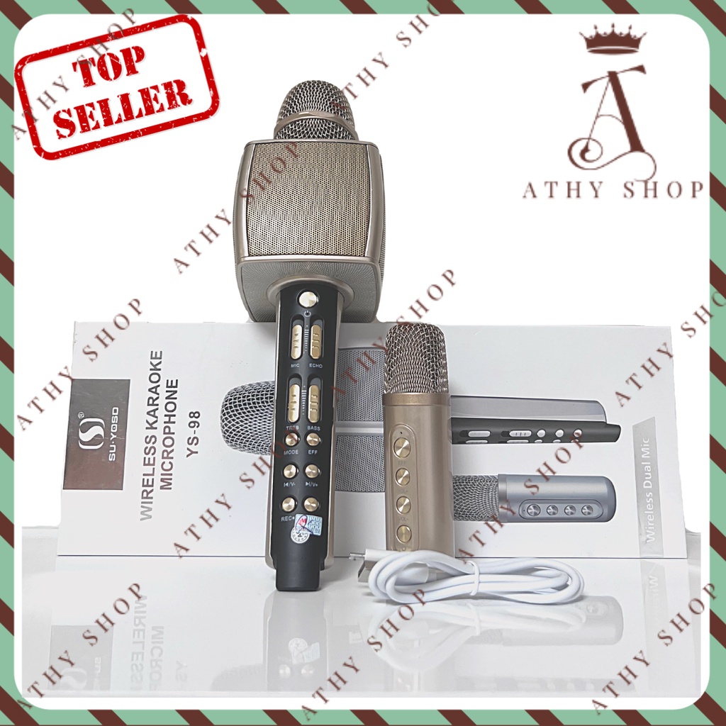 MIC KARAOKE BLUETOOTH YS-98 CÓ MIC PHỤ SONG CA KHÔNG DÂY TIỆN LỢI, mic chống hú không rè volume lớn nhạc to rõ sống động