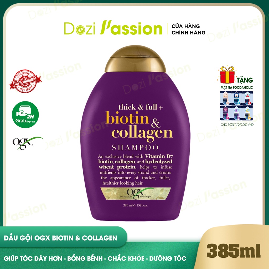 Dầu Gội Biotin Collagen OGX Dưỡng Dày Tóc, Giúp Tóc Bóng Mượt - Thick & Full + Biotin & Collagen Shampoo 385ml