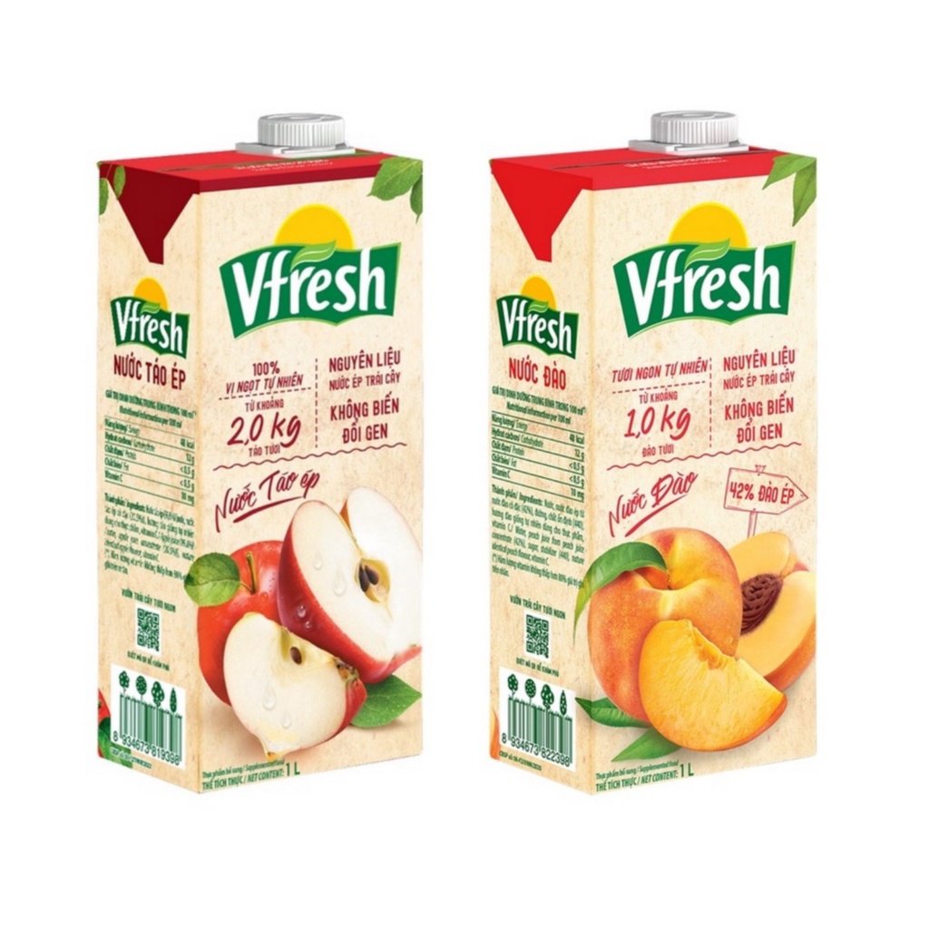 Nước Táo Ép / Đào Ép 100% VFRESH Hộp 1L