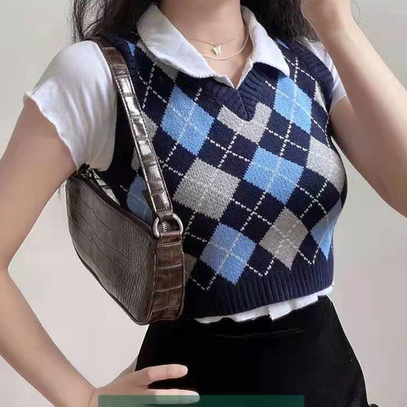 Áo Dệt Kim Không Tay Cổ Chữ V Đính Đá Phong Cách Retro Dành Cho Nữ
