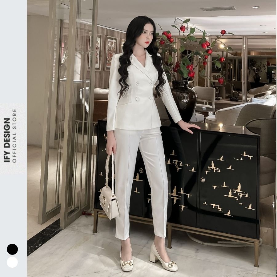 Áo vest nữ, áo khoác vest blazer nữ trơn trắng, đen dáng ôm 2 túi cơi trước IFY Design FS202A