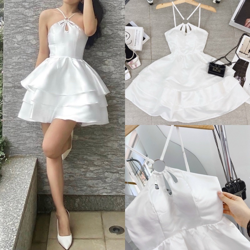 Đầm phi trắng tầng xoè nhẹ, váy ngắn cổ yếm có mút ngực, thời trang nữ đi chơi dạo phố dự tiệc sang trọng quý phái