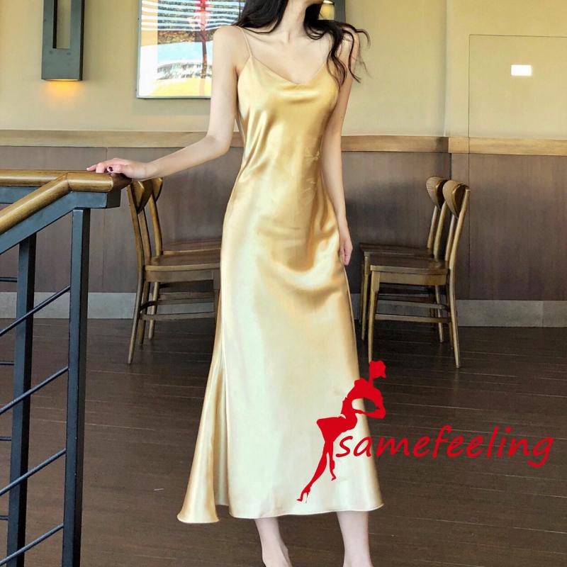 SF♫Women´s Satin Sleeveless Suspender Dress V-Neck Fishtail Design Long Dress