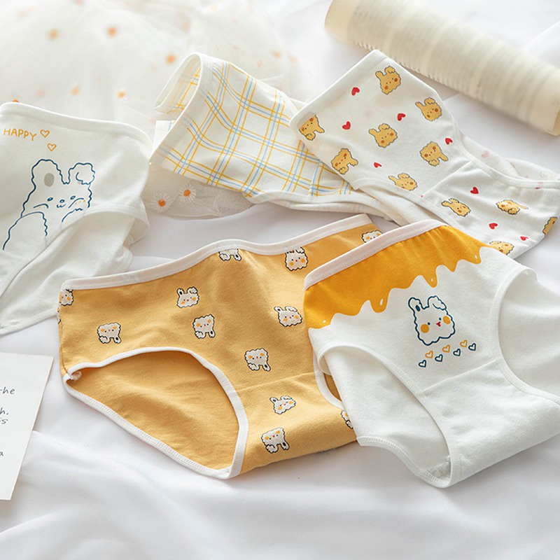 Quần lót cotton lưng vừa in họa tiết thỏ dễ thương phong cách Nhật Hàn dành cho nữ