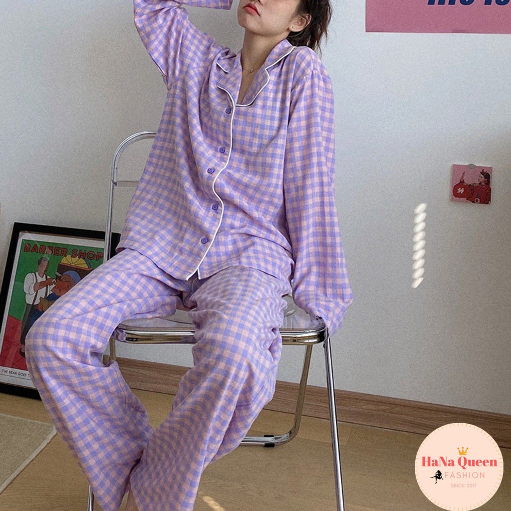 [Sẵn Hàng] Bộ đồ ngủ Pijama cotton dài tay họa tiết kẻ phong cách Hàn Quốc | BigBuy360 - bigbuy360.vn