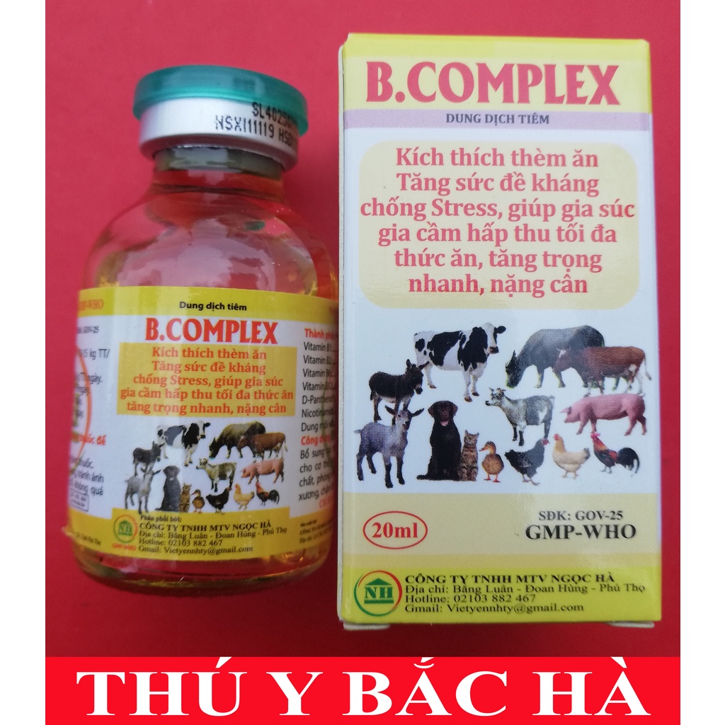 1 lọ B.COMPLEX 20ml chuyên dùng cho gia súc, gia cầm, trâu, bò, ngựa, dê, cừu, lợn, gà chọi, gà đá, chim cảnh, chó mèo