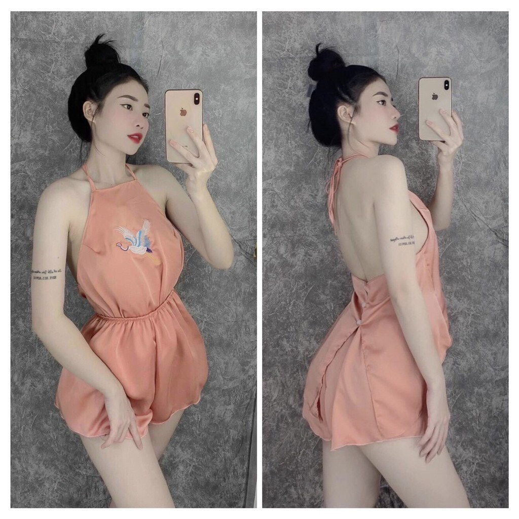 ❤️ MẪU HÓT ❤️ Yếm ngủ sexy thêu hạc lụa satin mềm mịn hở lưng freesize dưới 60kg , đồ mặc nhà nữ 2 dây