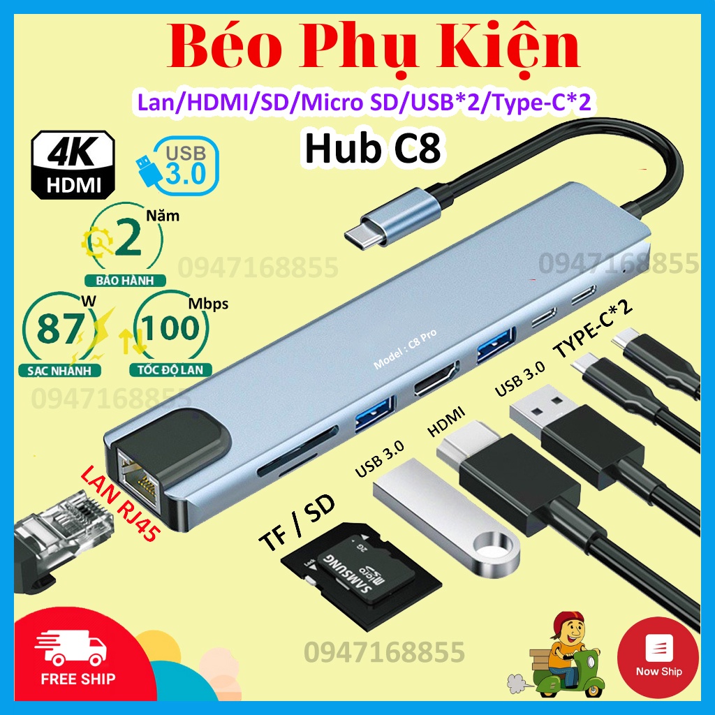 Hub Type C C8 đa năng 8 cổng, cổng LAN Gigabit RJ45 tốc độ truyền mạng 100Mbps - Hub chuyển đổi macboook C6 | BH 2 Năm