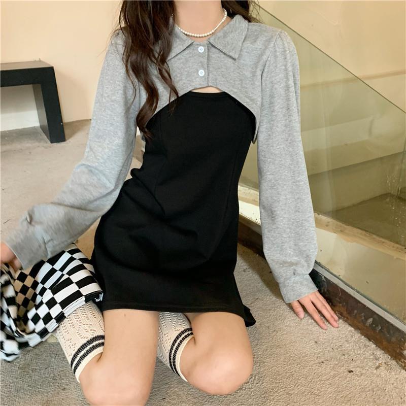 Set váy 2 chi tiết dài tay phiên bản be kem nâu và đen xám