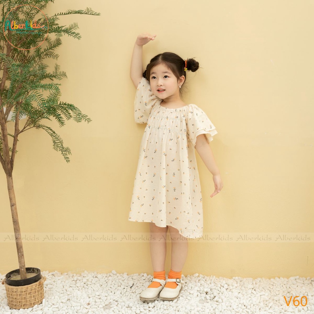 Váy bé gái ALBERKIDS chun ngực họa tiết hoa cam tay cánh tiên xinh đẹp cho trẻ em 2,3,4,5,6,7,8,9,10,11,12 tuổi[V60]