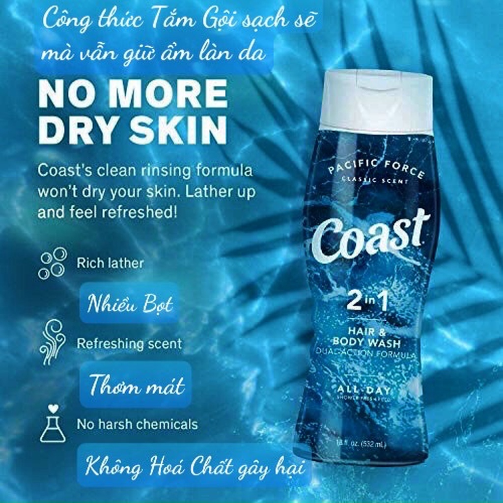 ❤️  [Quận 3] Sale Sữa Tắm Gội Nam Coast 2in1 Hair Body Wash Mỹ 532ml Thơm Sạch Mềm Da | BigBuy360 - bigbuy360.vn