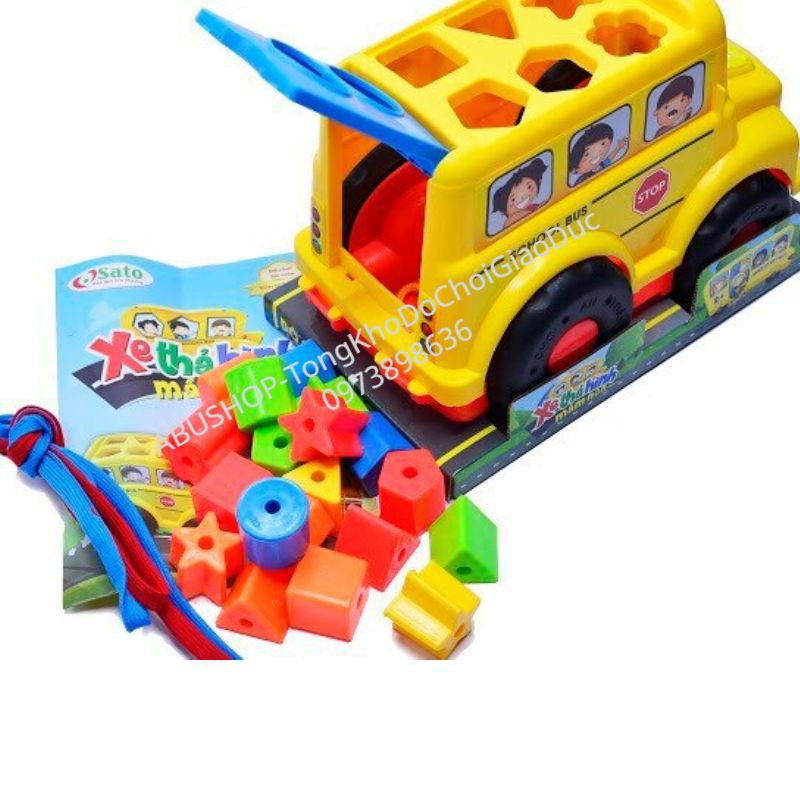 Bộ đồ chơi xe thả hình kéo dây 26X18cm Hãng Sato - Đồ chơi trẻ em kích thích vận động và học hình khối