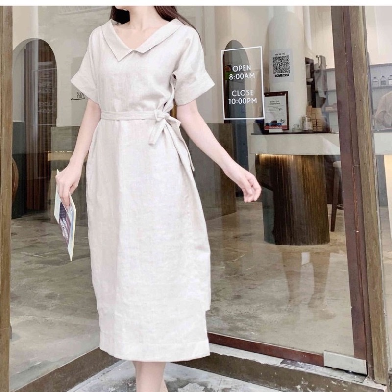 Đầm linen tưng Premium cổ bẻ thắt eo