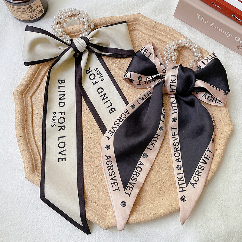 Dây buộc tóc scrunchies thắt nơ phối ngọc trai cho nữ