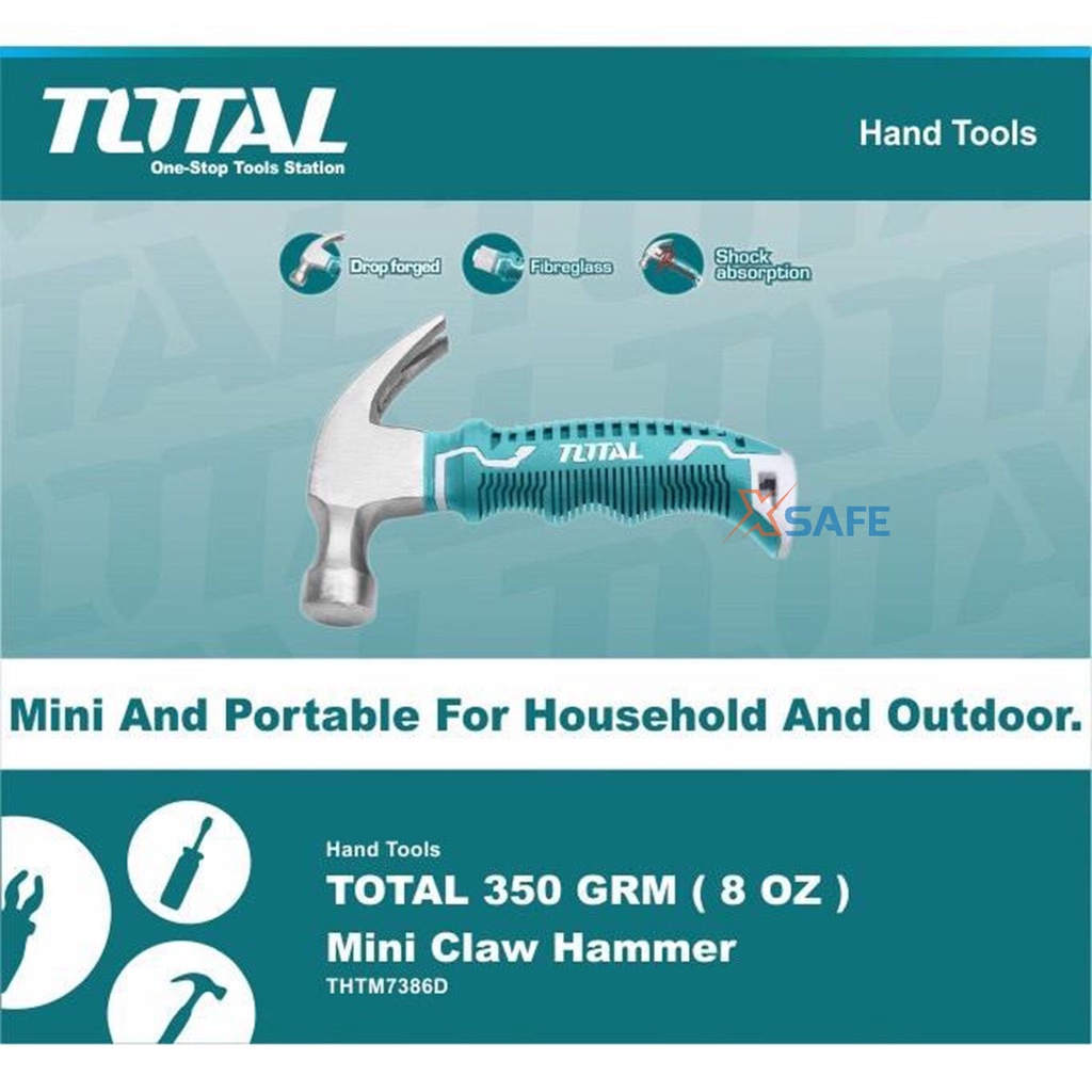 Búa đóng đinh mini TOTAL THTM7386D thép Cr-V Búa nhổ đinh cầm tay, đóng đinh bê tông, tường, gỗ, sửa chữa cơ khí - Xsafe