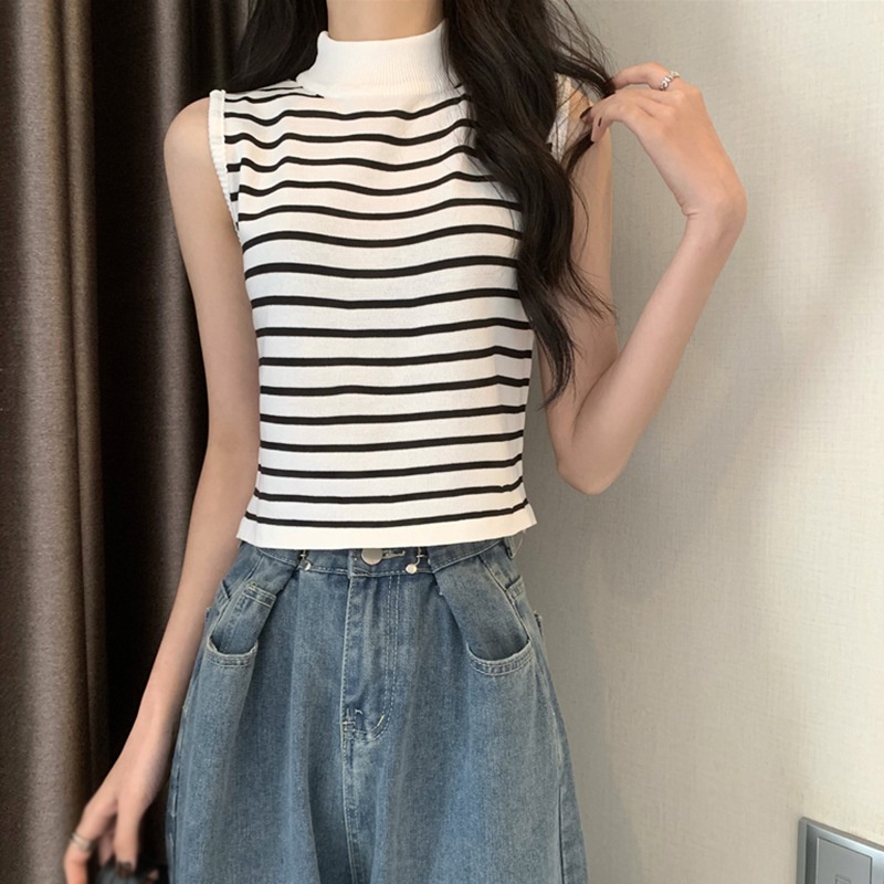 Áo Lửng Hai Dây Dệt Kim Kẻ Sọc Phong Cách Hàn Quốc Cho Nữ