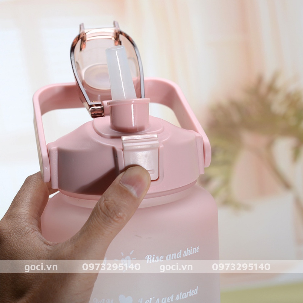 Bình đựng nước 2 lít có ống hút chia vạch nhắc nhở uống nước cute dễ thương