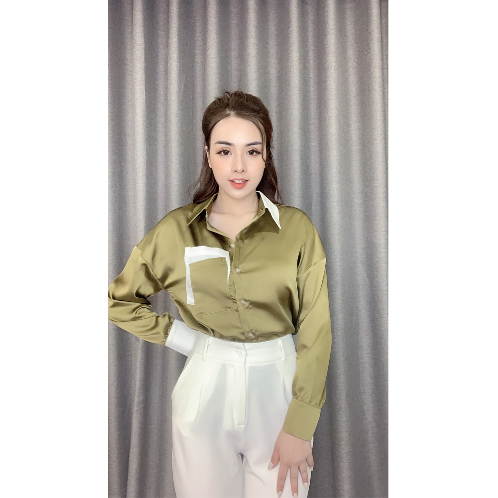 Áo sơ mi nữ dài tay LIIN CLOTHING đủ size, màu rêu phối cổ trắng sữa thanh lịch SM2808