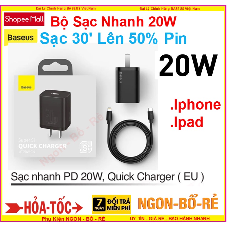 Bộ củ cáp sạc nhanh 20W Cho Iphone / Ipad Baseus Super SI Quick Charger 1C 20W TZCCSUP Hàng chính hãng bảo hành 12tháng