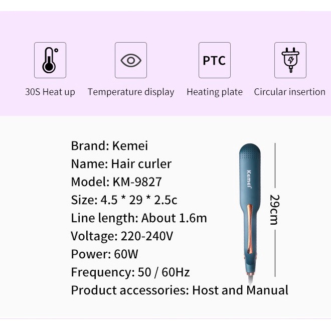 Máy Làm Tóc, Dập Xù, Kẹp Tóc, Duỗi Tóc Bản Lớn Chỉnh Nhiệt Kemei Km 9827 - Bảo Hành 24 Tháng