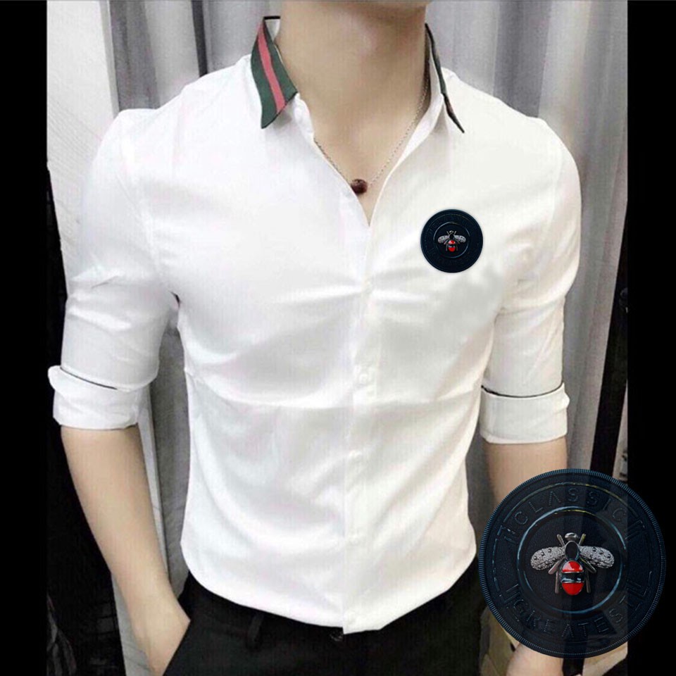 Áo Sơ Mi Nam Viền Cổ Thêu Con Ong Cao Cấp (Ảnh thật)
