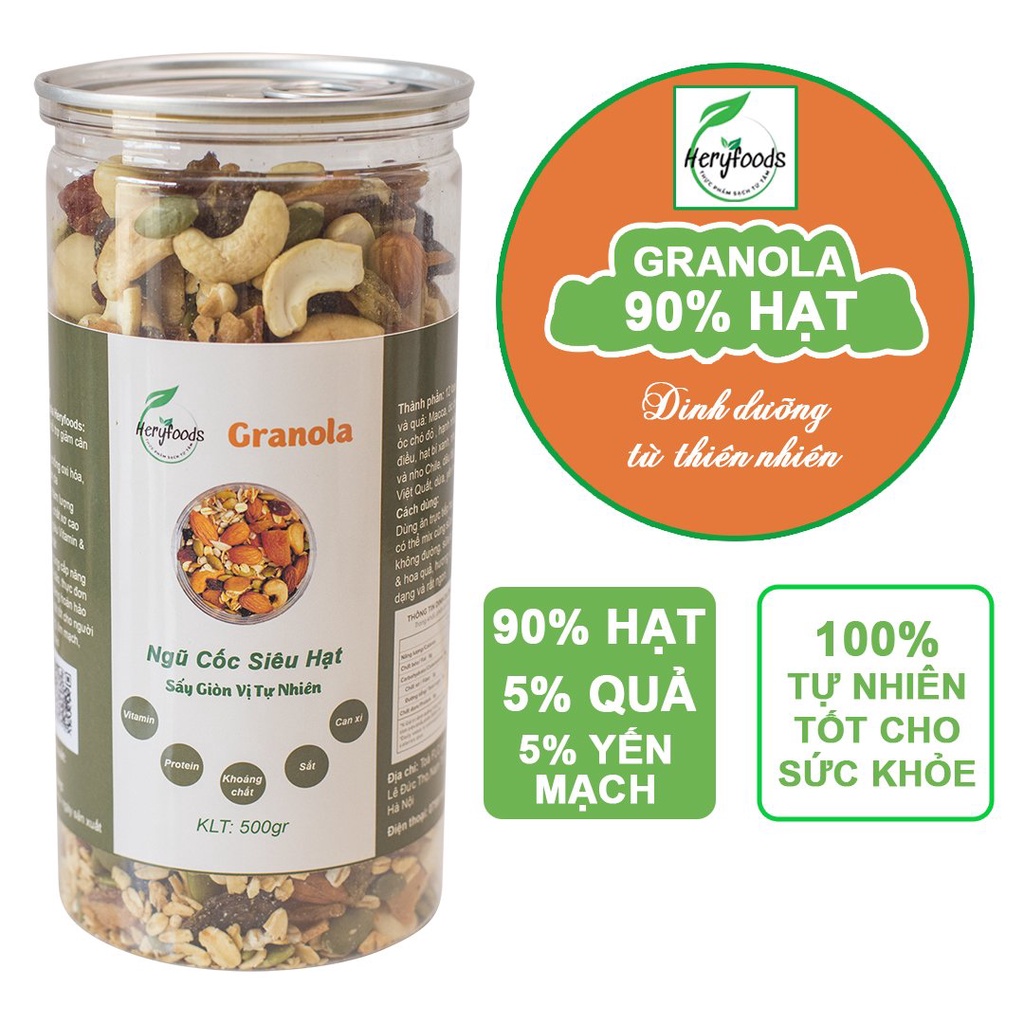 Ngũ cốc dinh dưỡng nguyên hạt granola ăn kiêng siêu hạt bổ sung thêm hạt óc chó, macca Heryfoods