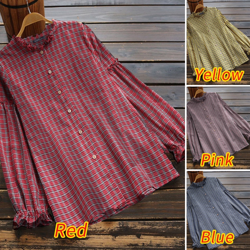 Áo sơ mi ZANZEA cổ tròn tay bèo họa tiết sọc caro thời trang dành cho bạn nữ