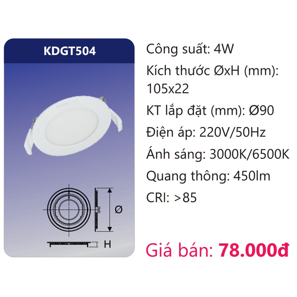 Bóng đèn LED âm trần tròn Duhal 4W SDGT504 KDGT504