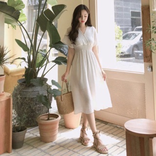 Đầm váy trắng nhún eo dây sau (kèm quà tặng)