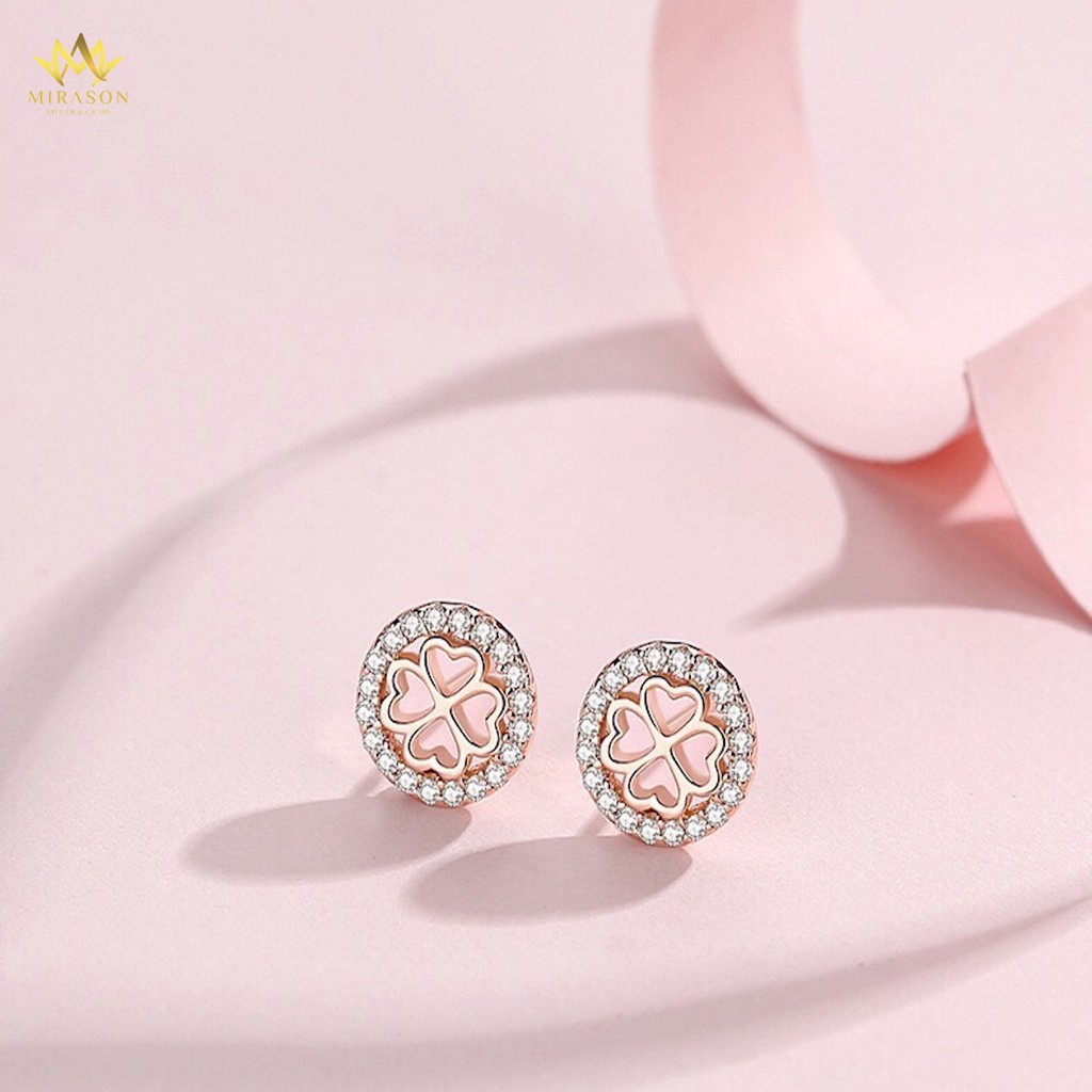 Khuyên Tai Bạc Nữ MIRASON Cỏ Bốn Lá Hồng Ngọc Dáng Tròn Nạm Đá Sang Trọng MBT008 - Bông Tai Nữ Bạc 925 Cao Cấp
