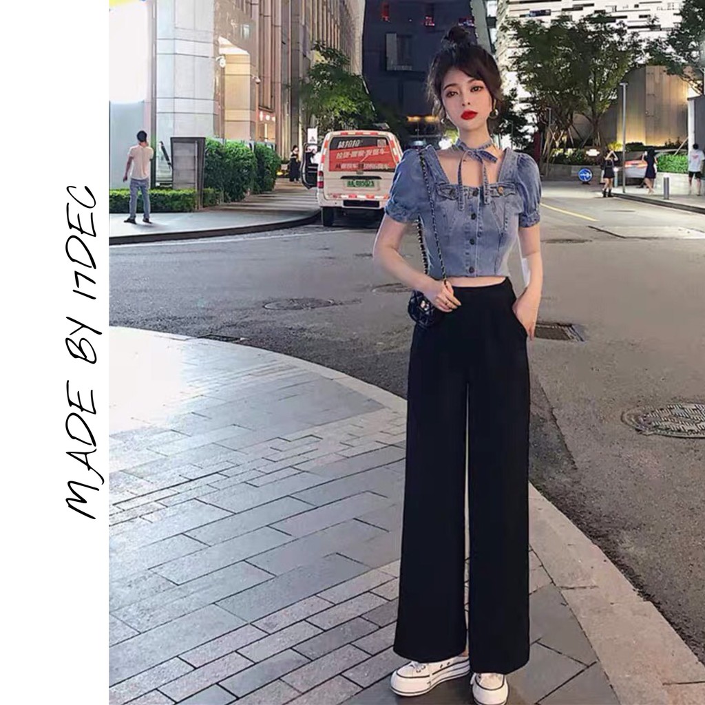 Quần ống rộng khóa hông 17DEC. Quần xuông vải dáng culottes cạp cao cho nữ