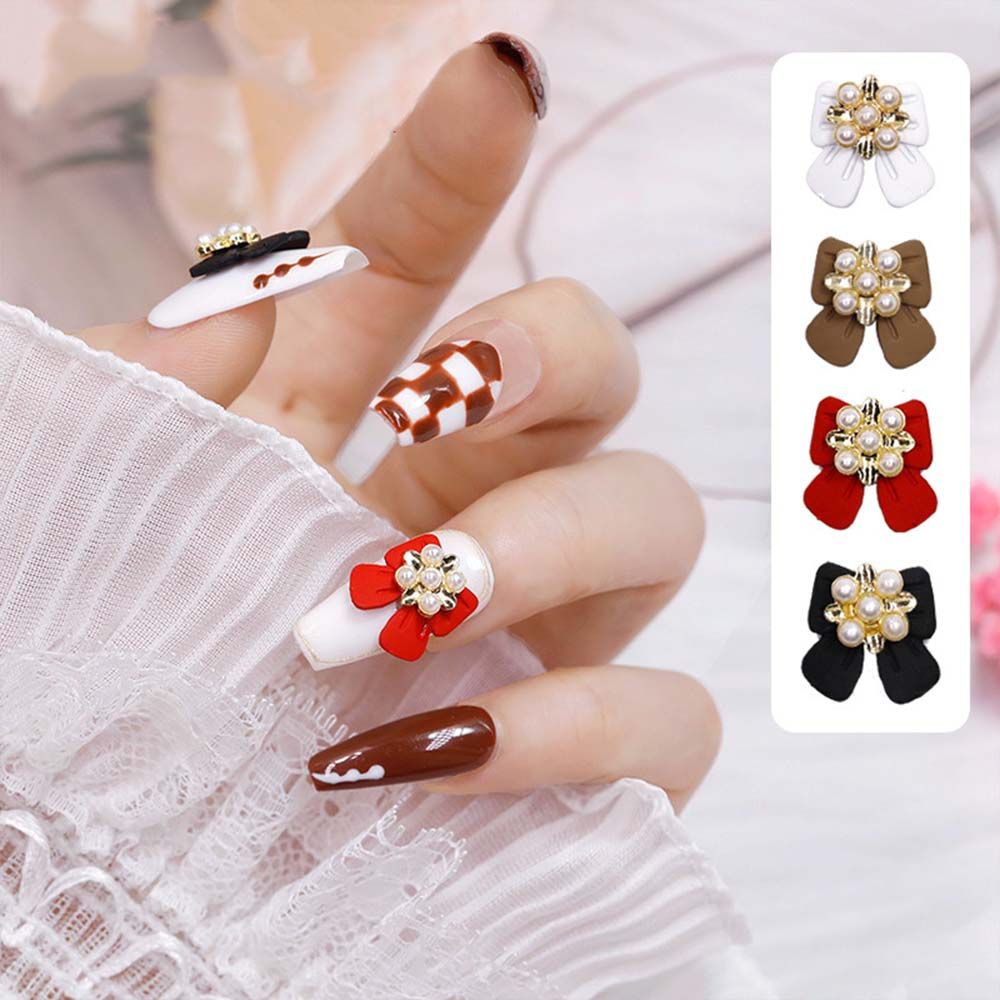 [Hàng mới về] Phụ kiện trang trí móng tay hình nơ/hoa tuyết 3D từ hợp kim đính ngọc trai lấp lánh sang trọng cho nữ DIY