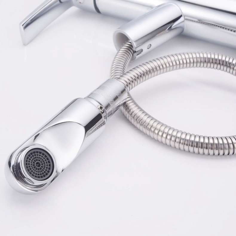 Vòi lavabo nóng lạnh dây kéo rút inox 304 cao cấp màu bạc sáng bóng tiện dụng, siêu bền - QM0046