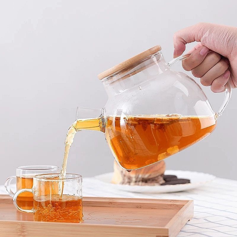 Ấm Trà 6 Chén Thủy Tinh, Bình Đun Nước, Detox Pha Trà 1000ML Nắp Gỗ Chịu Nhiệt