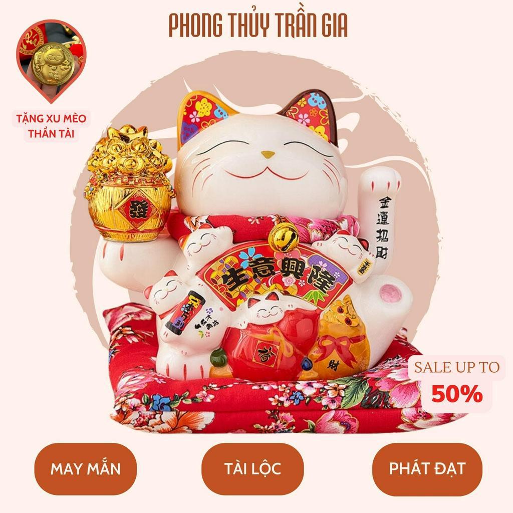 mèo tiền tài vô biên, neko maneki vẫy tay chiêu tài, chiêu lộc kèm đệm