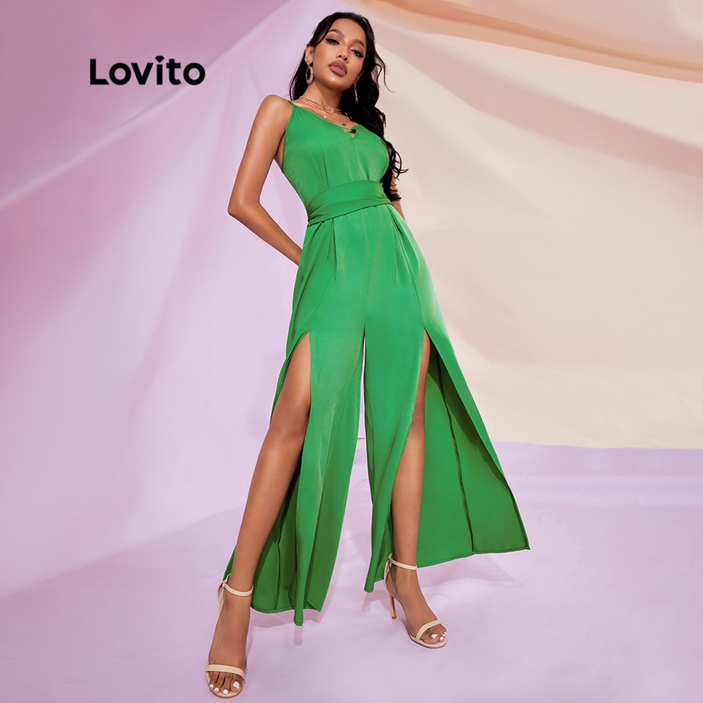 Lovito STIPPLING WORLDBộ áo liền quần cut out không đối xứng hở lưng thắt lưng L28LE057 (Xanh)