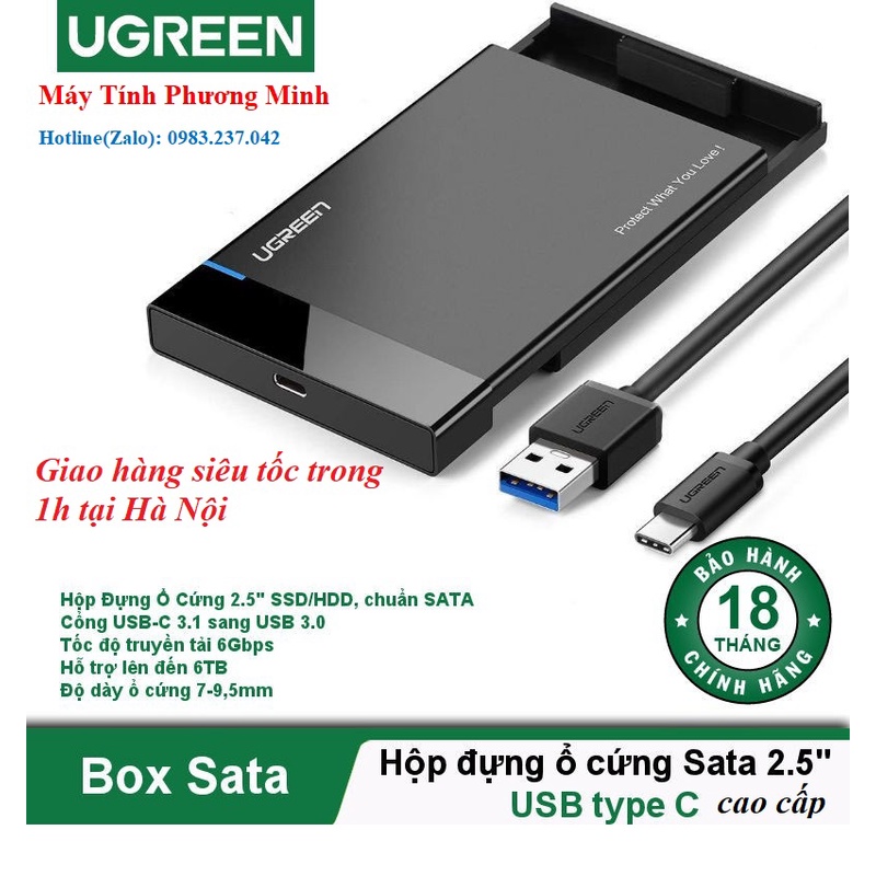 Hộp đựng ổ cứng 2.5 inch SATA chuẩn USB Type C Hỗ trợ 6TB  cao cấp Ugreen 50743 - Hàng chính hãng BH 18 tháng