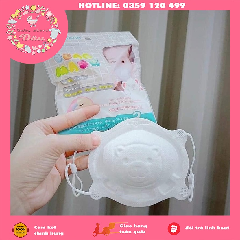 Khẩu trang gấu cho bé Unimask - set 3 chiếc/gói ngừa bụi min có dây điều chỉnh cỡ - 1 size sơ sinh đến 3 tuổi