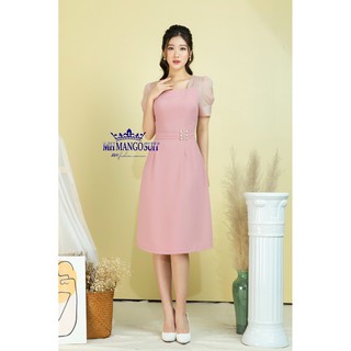 Váy xòe phối màu cổ vuông tay bồng