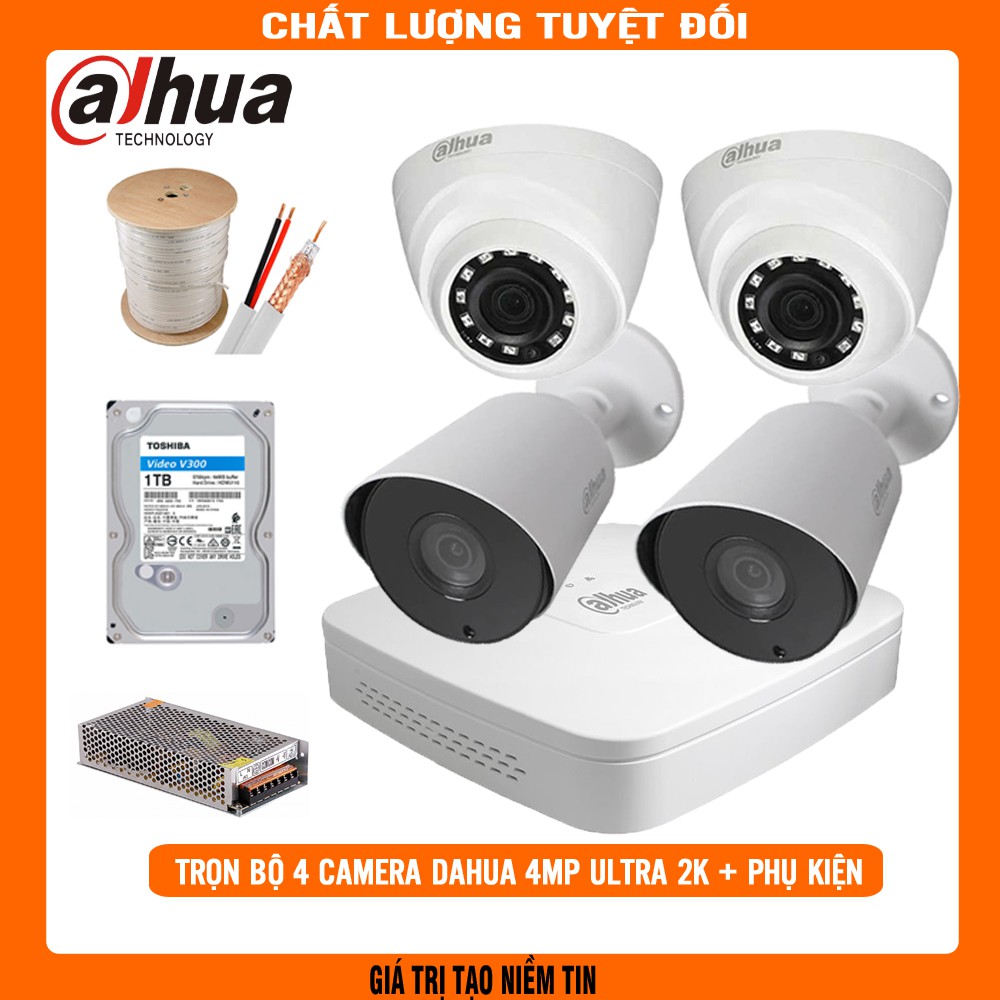 Trọn bộ 4 camera DAHUA 4MP ULTRA 2K + Đầy đủ phụ kiện lắp đặt + Ổ cứng 1TB Tặng kèm 40M dây liền nguồn xịn