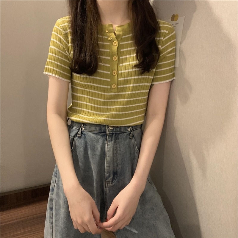 【Hana and Alice】Áo Dệt Kim Ngắn Tay Họa Tiết Kẻ Sọc Thời Trang