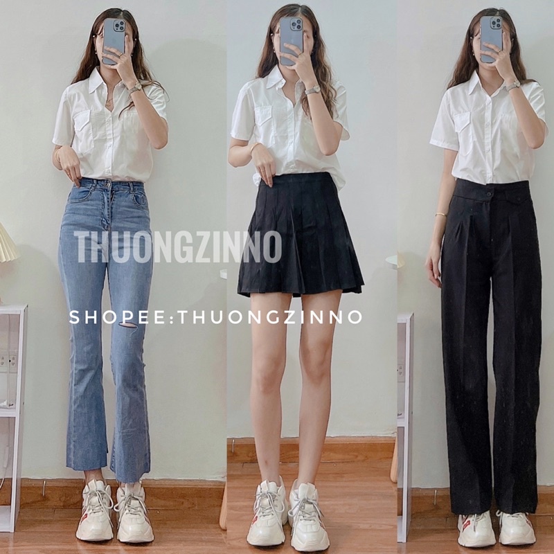 [Ảnh thật/Video]ÁO SƠ MI NỮ TRẮNG PURATO NGẮN TAY CÓ TÚI HOTTREND MÀU TRẮNG Áo sơ mi trắng dáng vừa